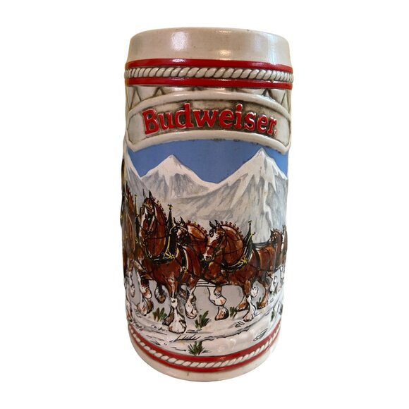 1985 Budweiser Holiday Stein A Series Clydesdales Snow Mountains Vtg Ceramarte - Picture 1 of 5